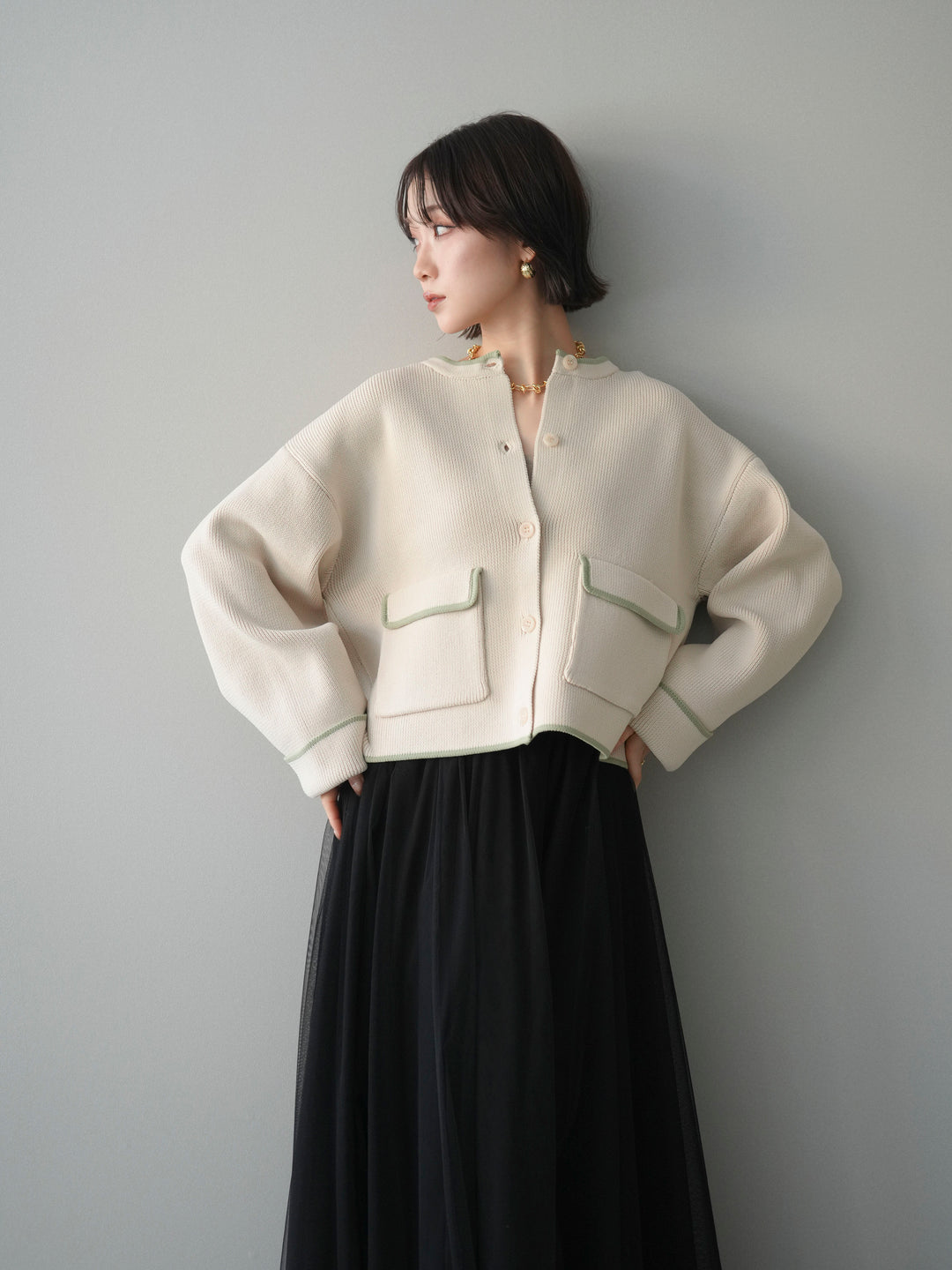 [SET]ポリエステル配色ニットカーディガン+ポリエステル配色ニットカーディガン(2set)