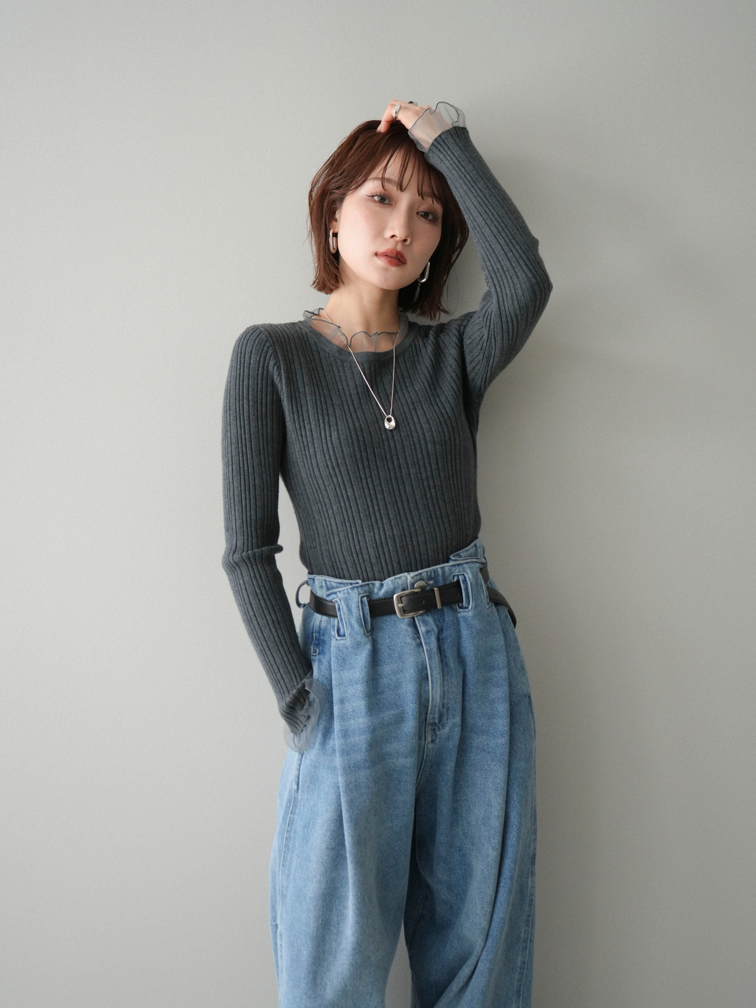 SET]チュールドッキングリブニットトップス+ハイウエストベルトループ