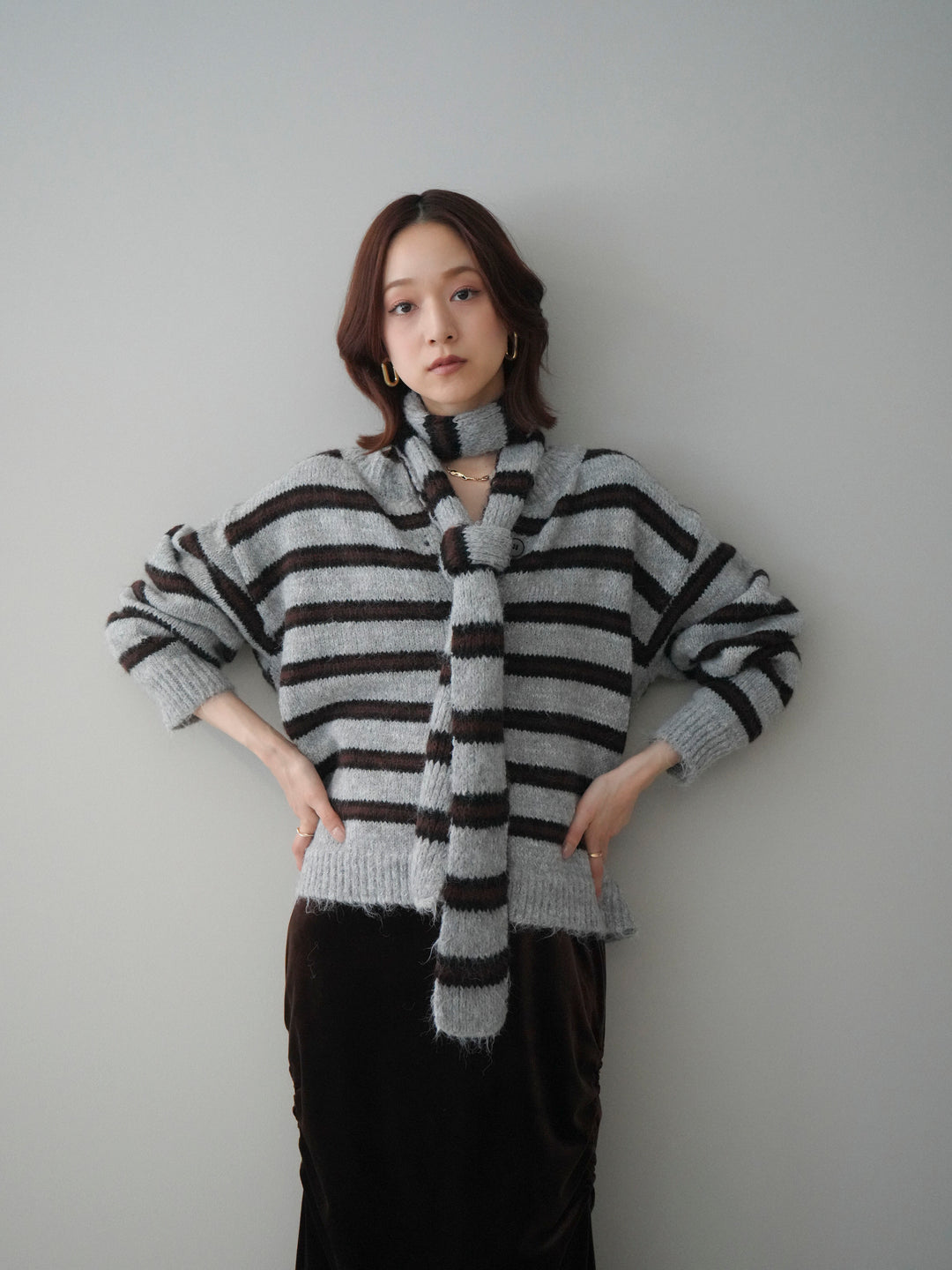 [SET]ボウタイ付きボーダーニットプルオーバー+ボウタイ付きボーダーニットプルオーバー(2set)