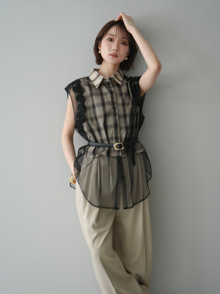 [予約]チュールドッキングチェックノースリブラウス/beige