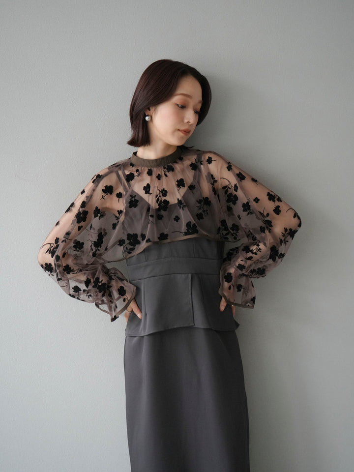 [予約]チュールフラワーフロッキーショートブラウス/ブラウン