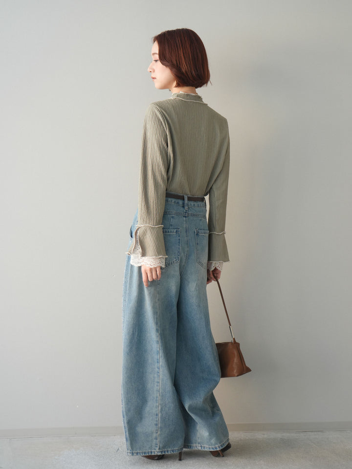 [予約]フロントビジューカーブデニムパンツ/lightblue