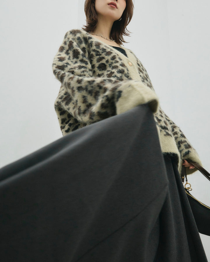 【Allure】[SET]レオパードシャギーニットカーディガン+ウールタッチフレアスカート(2set)