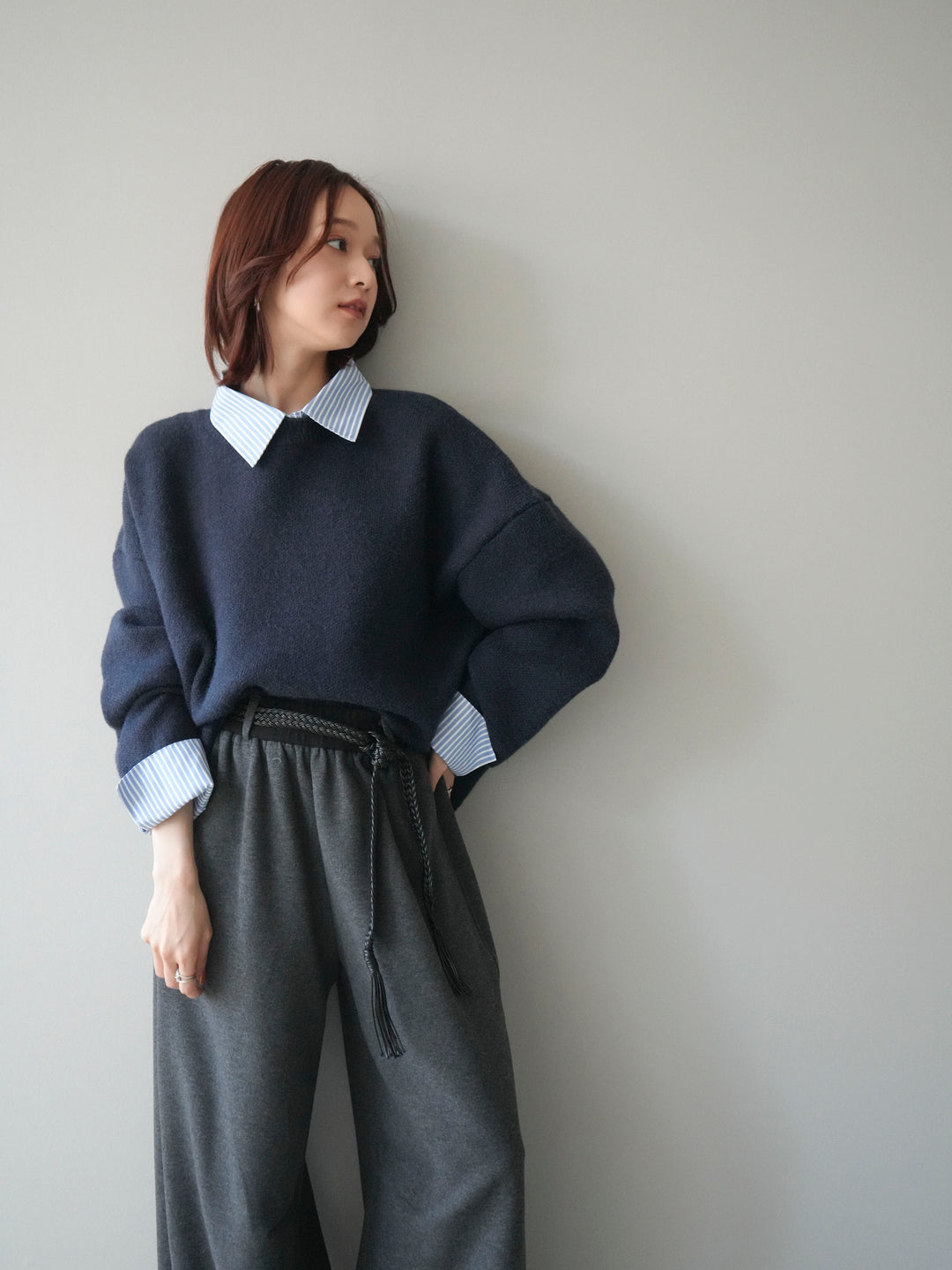 [予約]2WAYストライプ襟ニットプルオーバー/navy