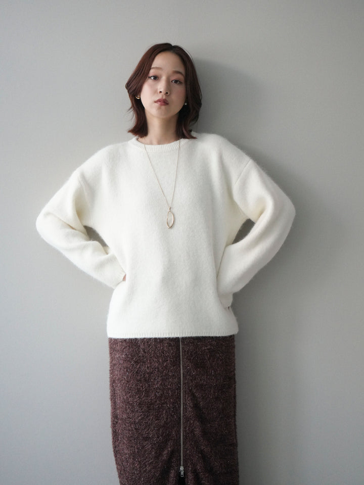 [SET]アンゴラタッチクルーネックニットプルオーバー+ラメシャギーフロントジップスカート(2set)