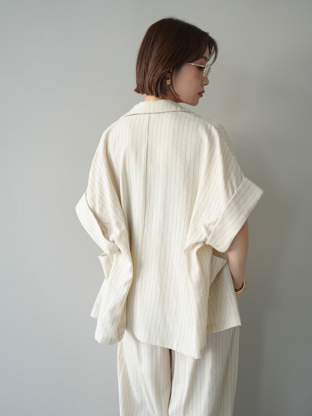 [SET]ストライプハーフスリーブオーバージャケット+ストライプリラックスワイドパンツ(2set)