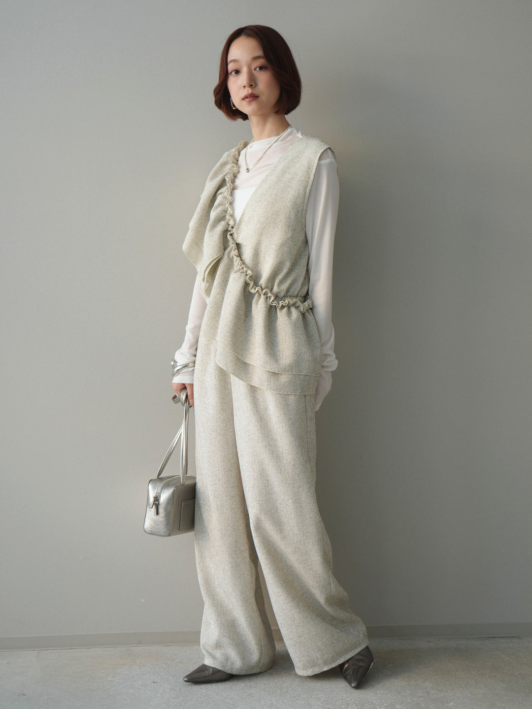 [SET]3WAYミックスツイードギャザーオールインワン+シアープチネックストレッチトップス(2set)