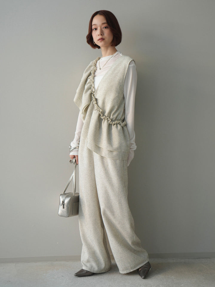 [SET]3WAYミックスツイードギャザーオールインワン+シアープチネックストレッチトップス(2set)