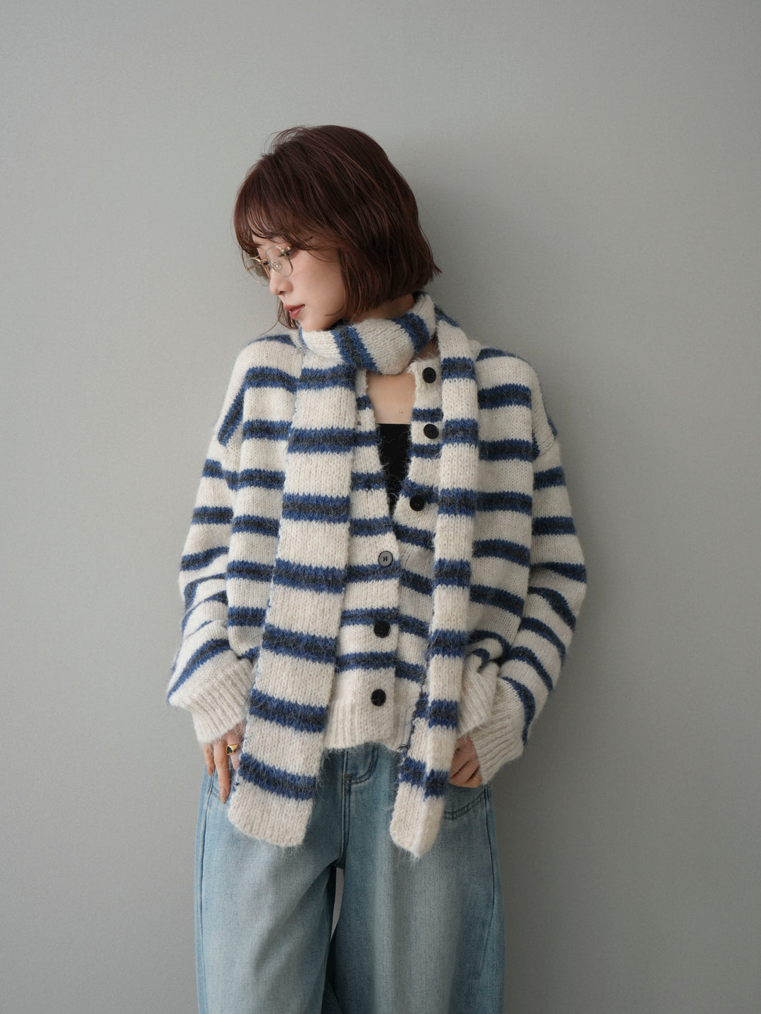 [SET]ボウタイ付きボーダーニットプルオーバー+ベルト付裏起毛カーブデニムパンツ(2set)