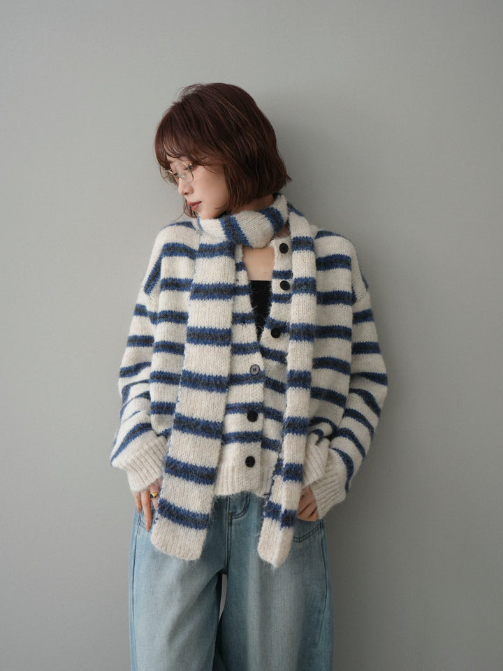 [SET]ボウタイ付きボーダーニットプルオーバー+ベルト付裏起毛カーブデニムパンツ(2set)