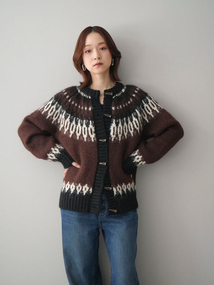 [SET]トグルボタン求心柄ニットカーディガン+裏起毛裾フリンジワイドデニムパンツ(2set)