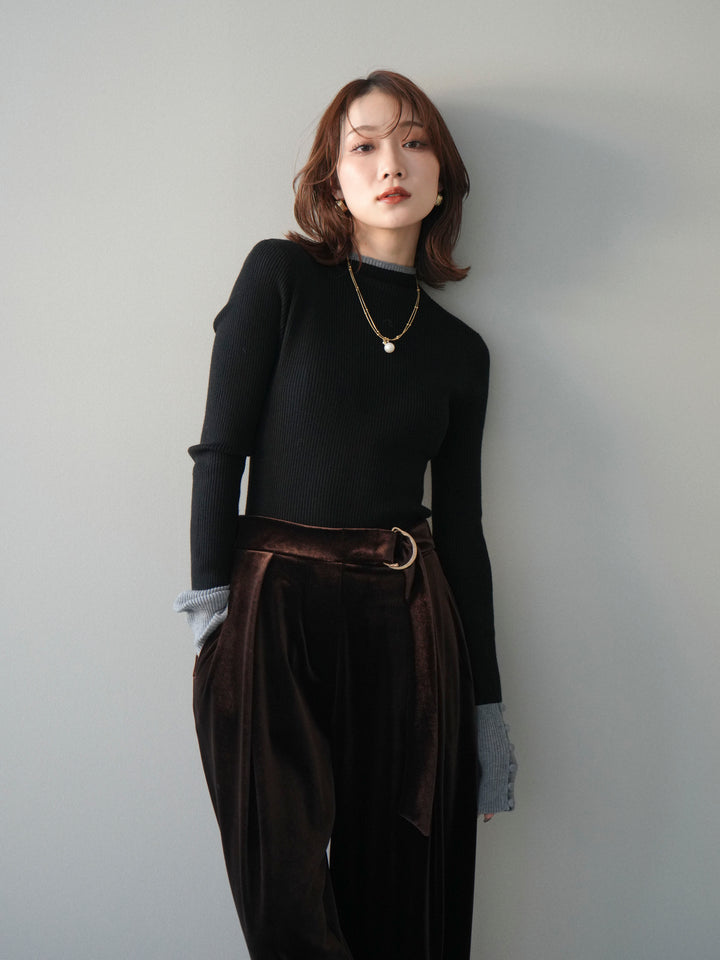 [予約]袖ボタンハイネック配色リブニットトップス/black