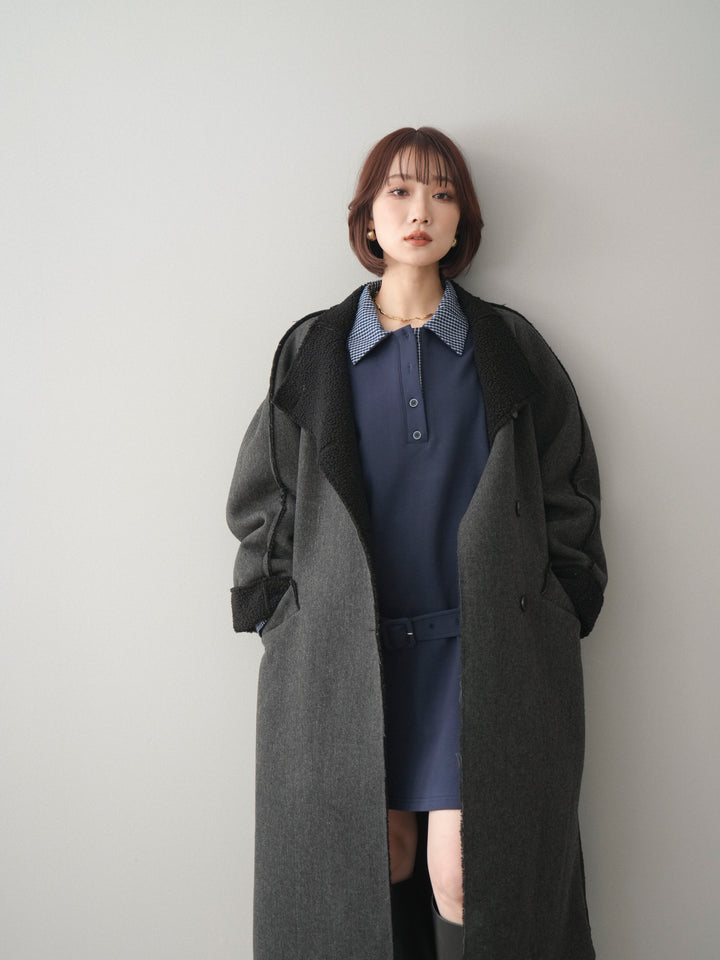 [SET]チェック襟xスエットミニワンピース+アウトシーム裏ボアコート(2set)