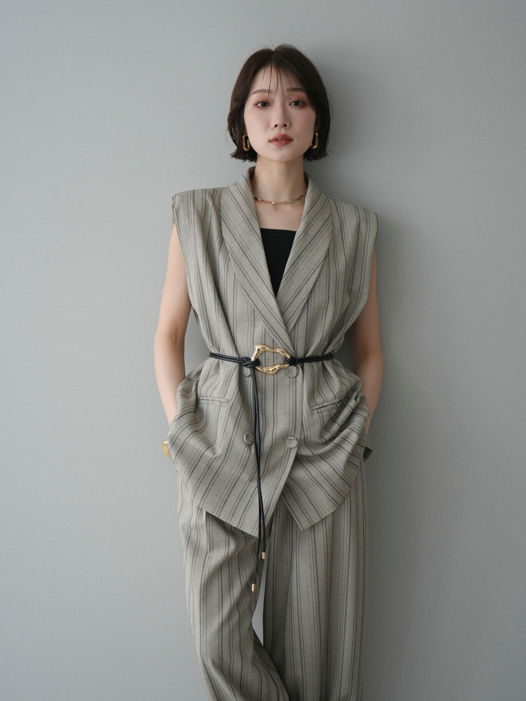[SET]モチーフベルト付ストライプジレ＆パンツSETUP