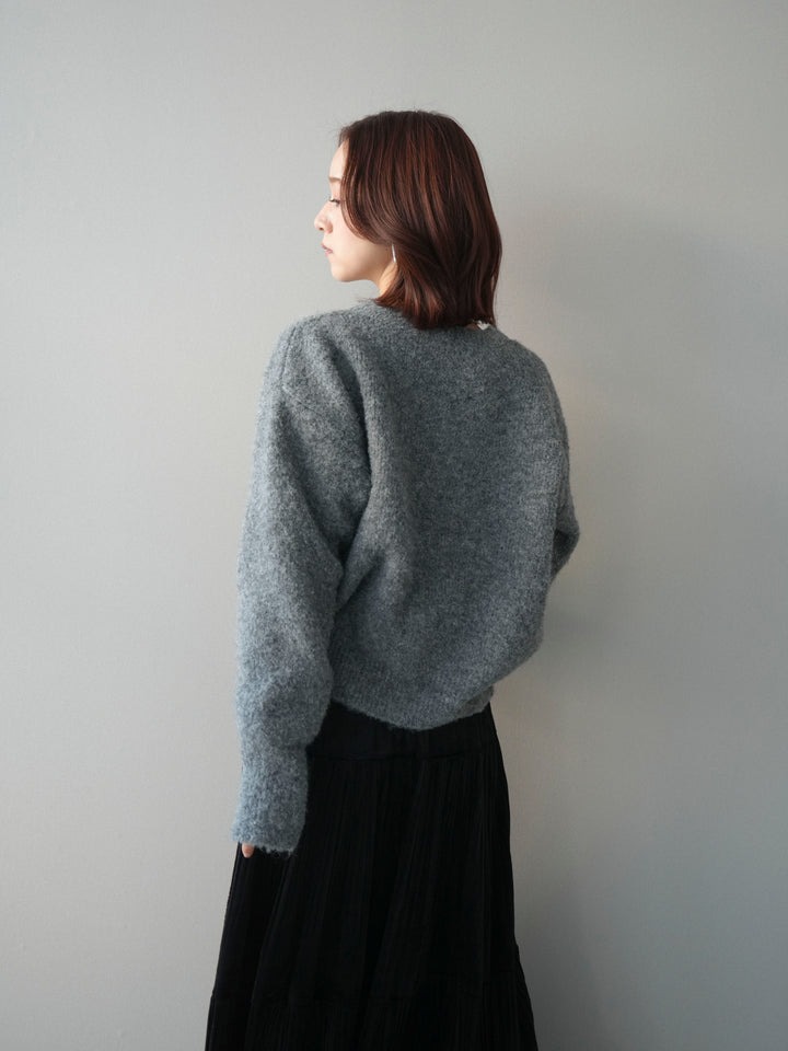 [SET]テープ刺繍ホック開きブークレニットカーディガン+ベロアティアードワッシャースカート(2set)