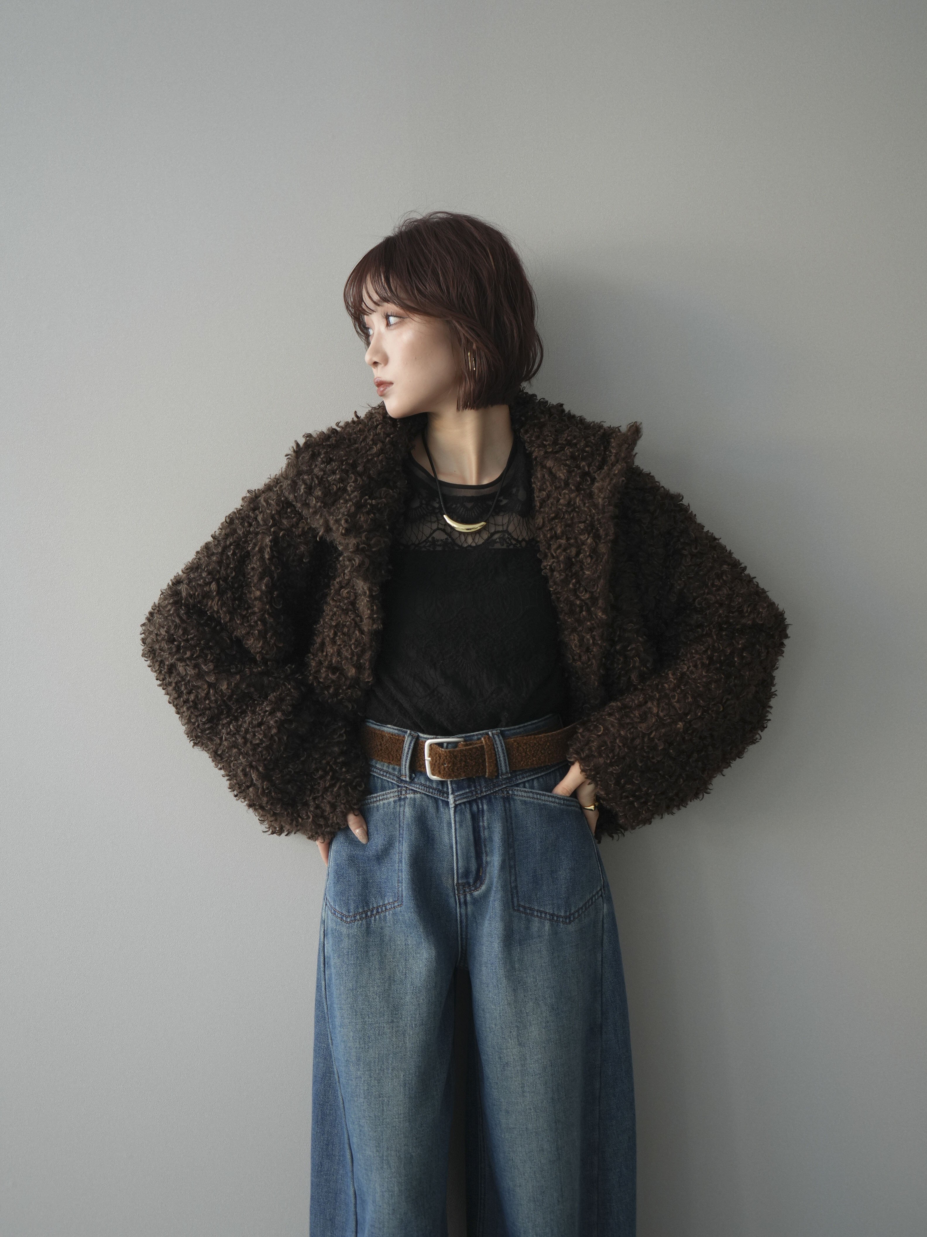SET]プードルファーミドルスタンドブルゾン+ベルト付裏起毛カーブ