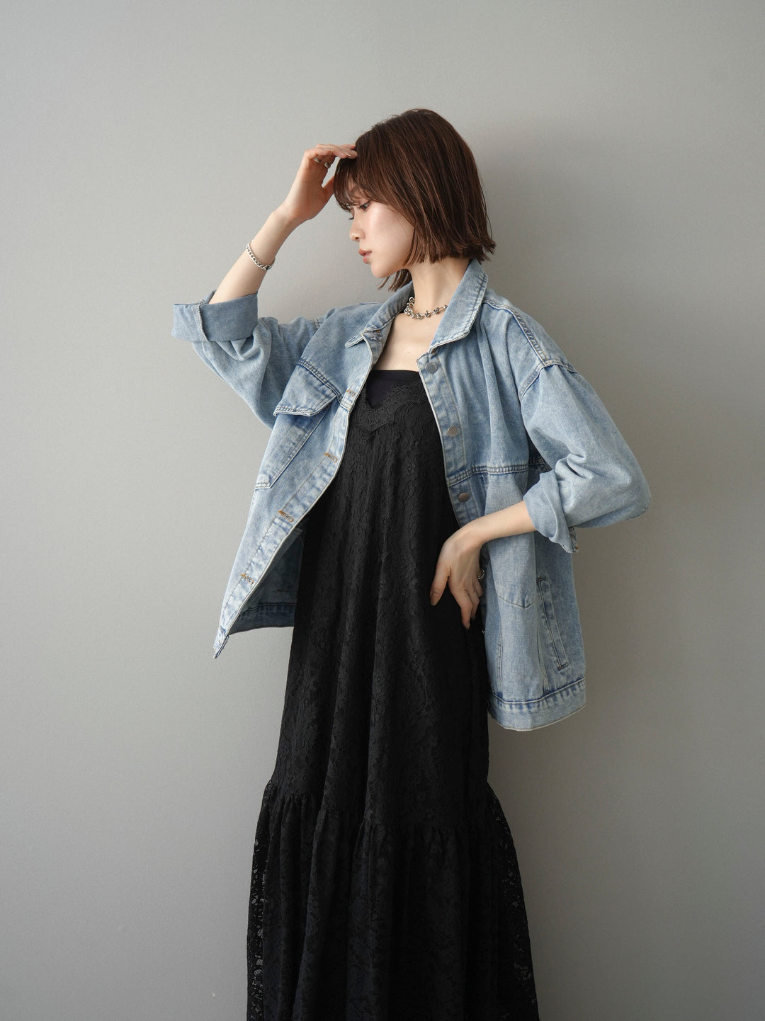 [予約]ギャザー切替レースキャミワンピース/black