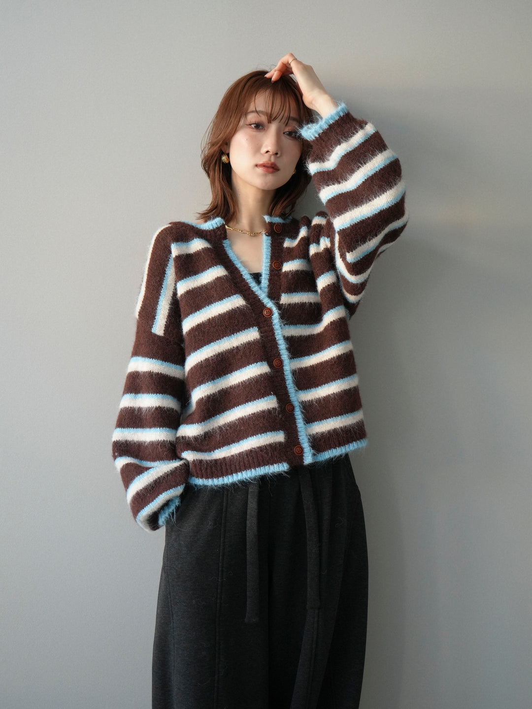 [予約]ウールタッチ配色ボーダーニットカーディガン/brown