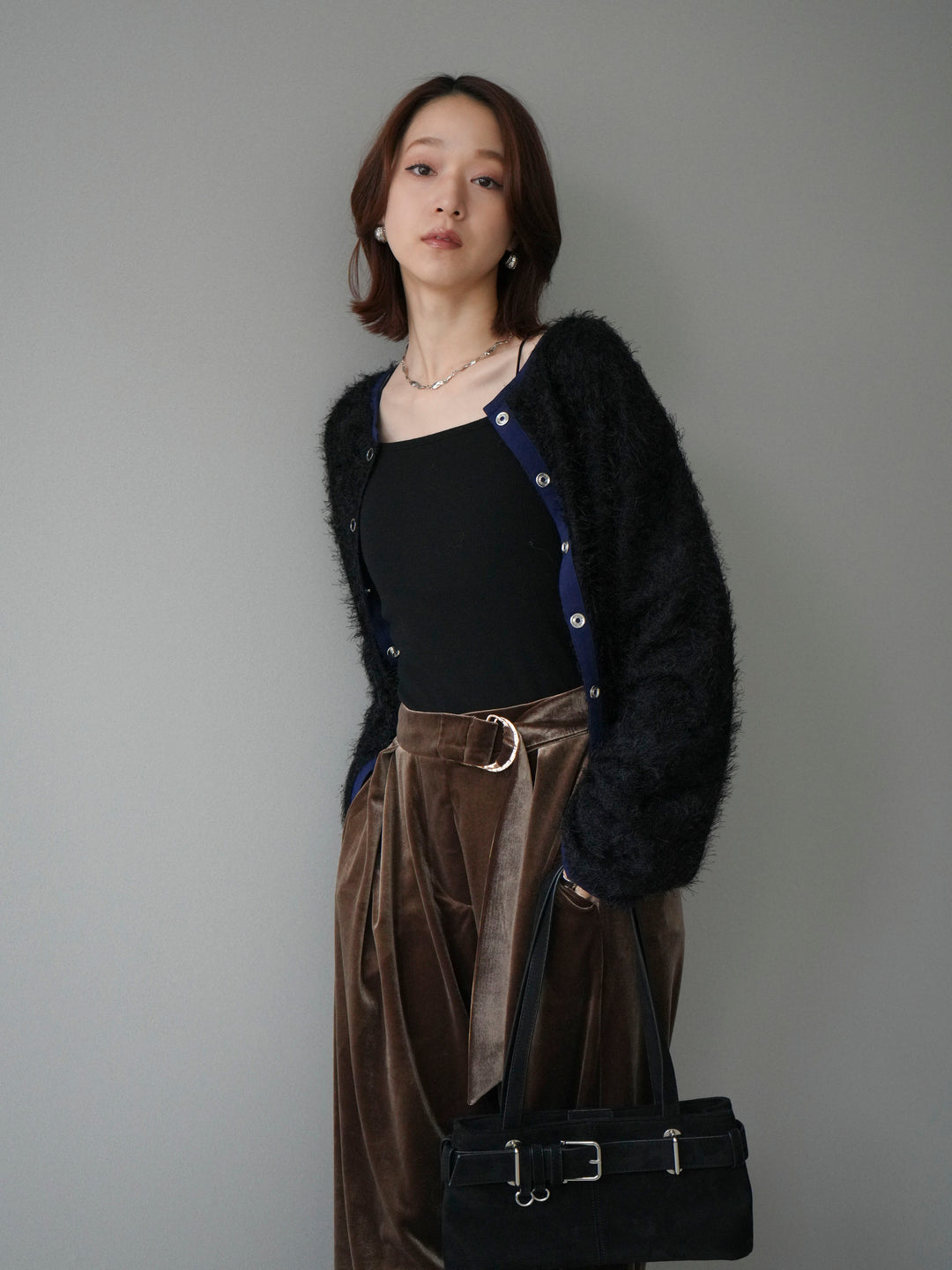 [予約]バイカラー2WAYシャギーニットカーディガン/black