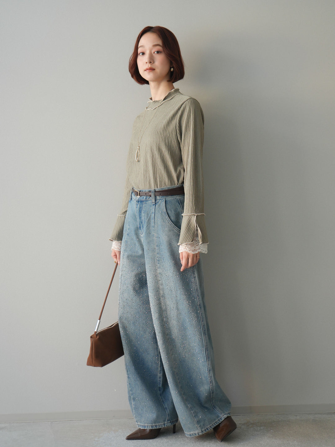 [予約]フロントビジューカーブデニムパンツ/lightblue