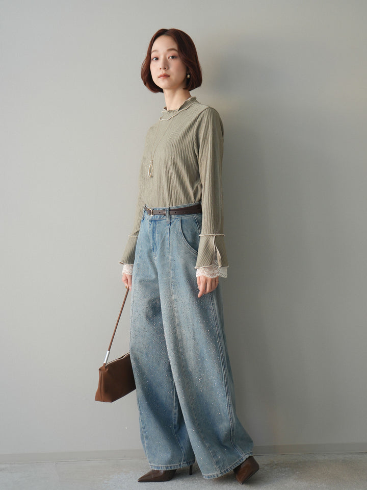 [予約]フロントビジューカーブデニムパンツ/lightblue