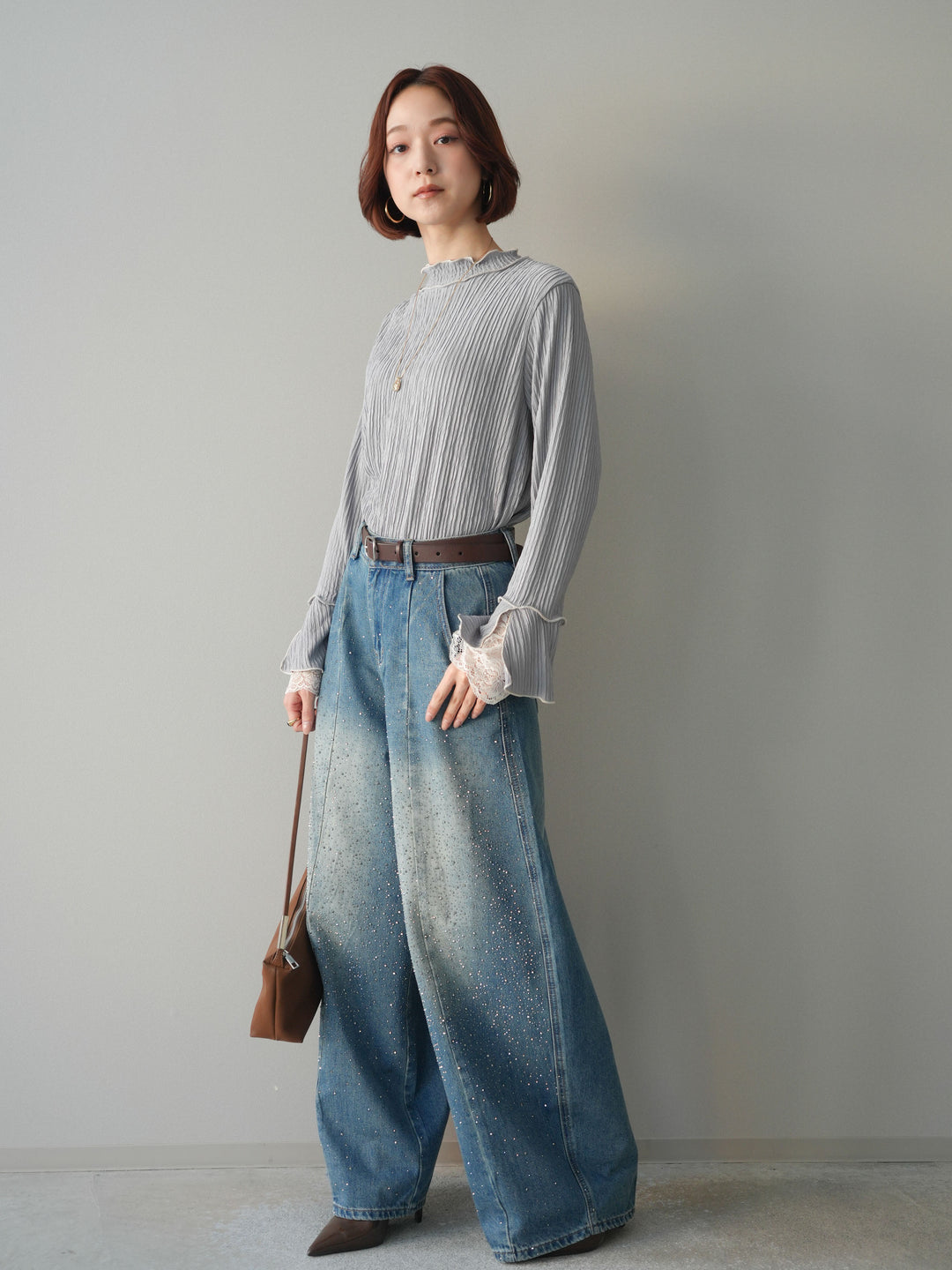 [予約]フロントビジューカーブデニムパンツ/blue