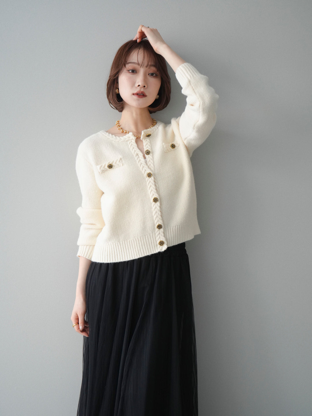 [SET]編みこみアンティークボタンニットカーディガン+チュールストライプボリュームスカート(2set)