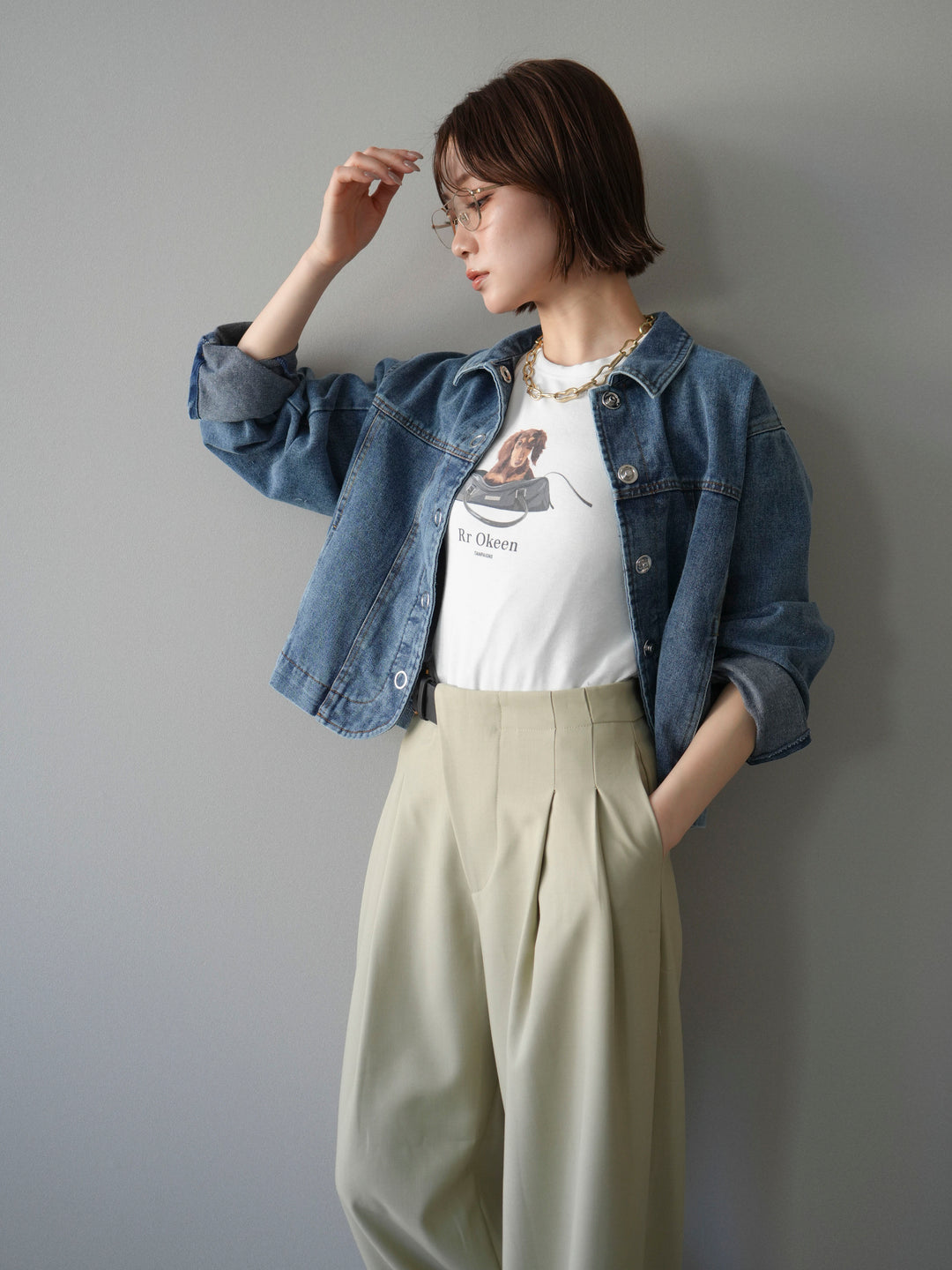 [SET]ラウンドカットコンパクトデニムジャケット+ドッグコンパクトTEE(2set)