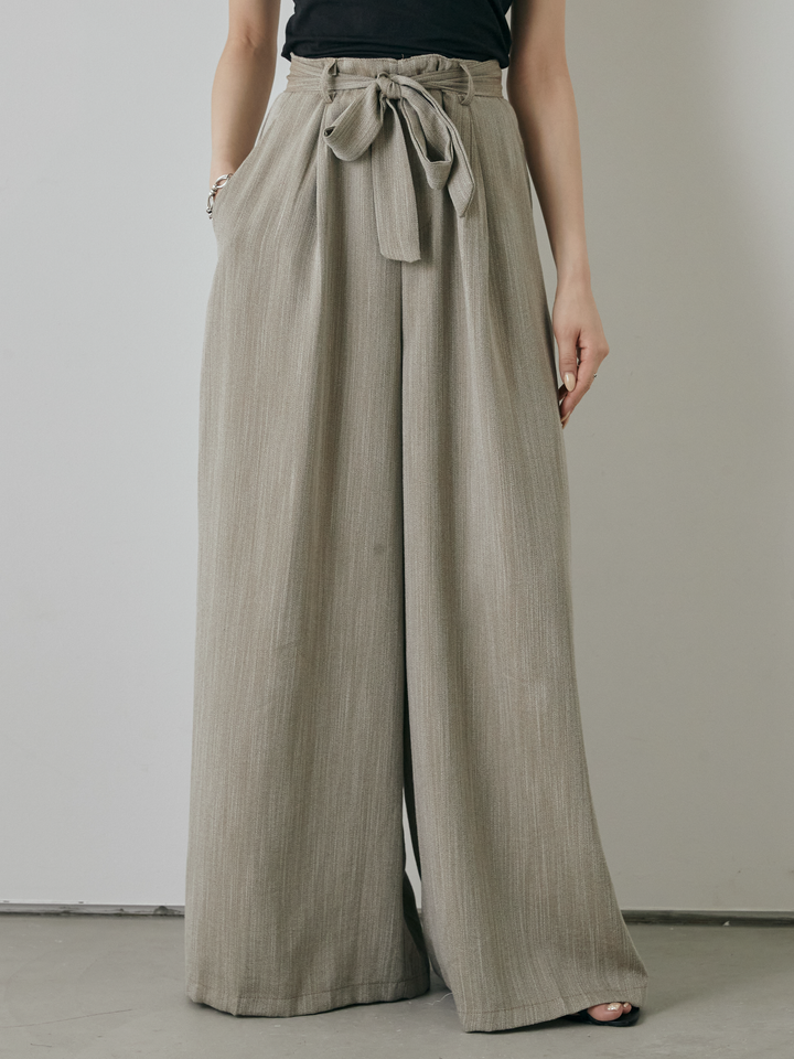 [予約]リネンライクウエストリボンワイドパンツ/ベージュ