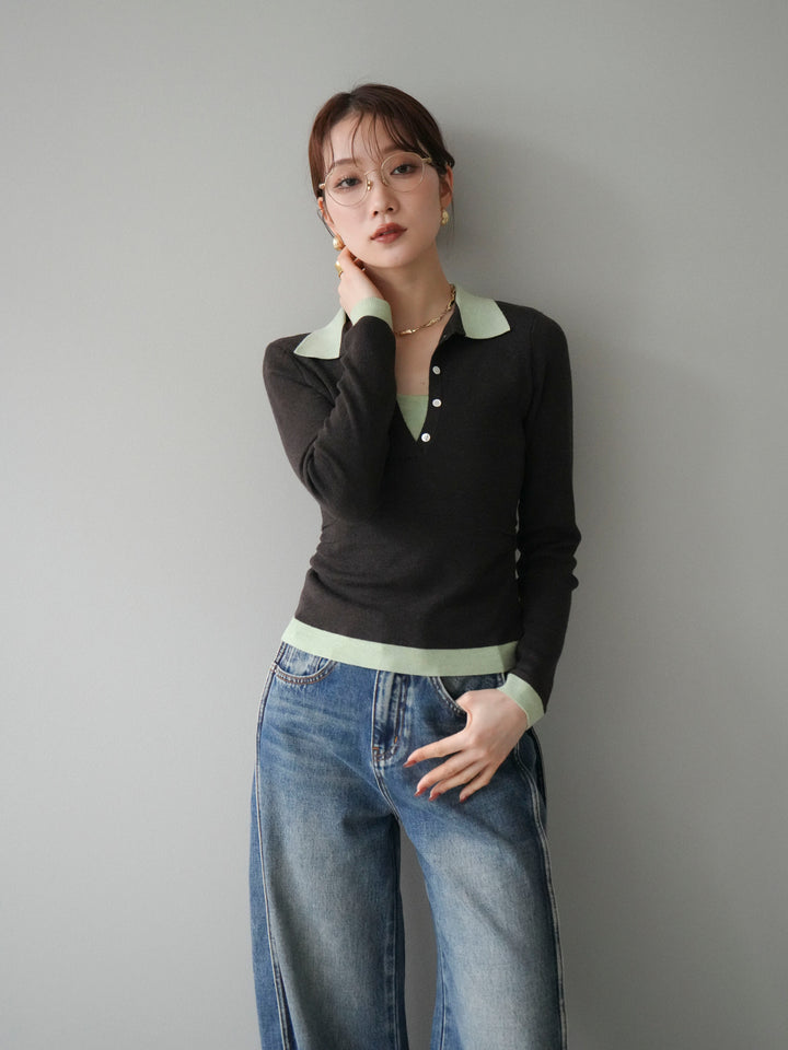 [予約]レイヤード配色ポロニットトップス/darkbrown