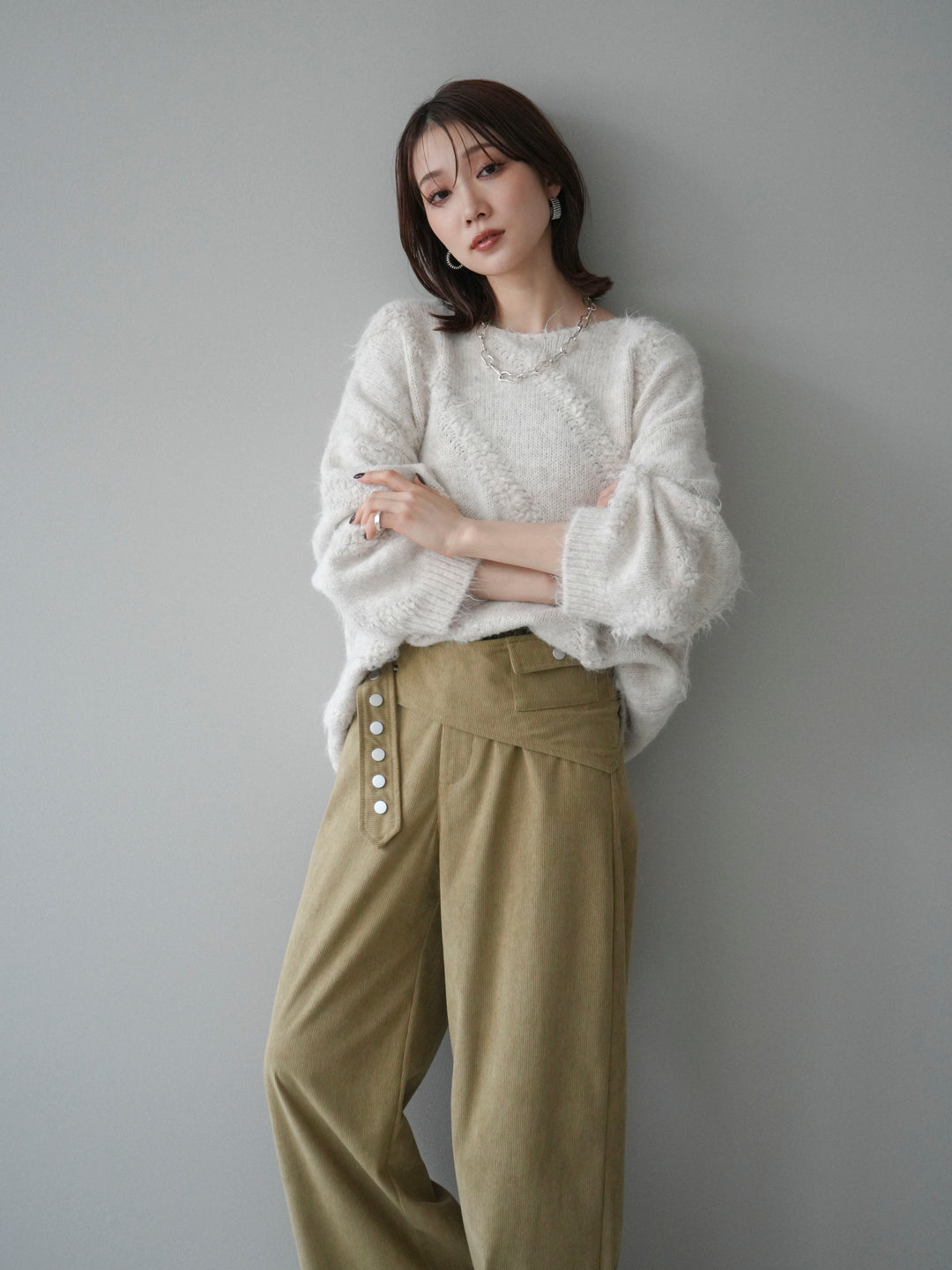 [予約]ブークレラインデザインニットプルオーバー/ivory