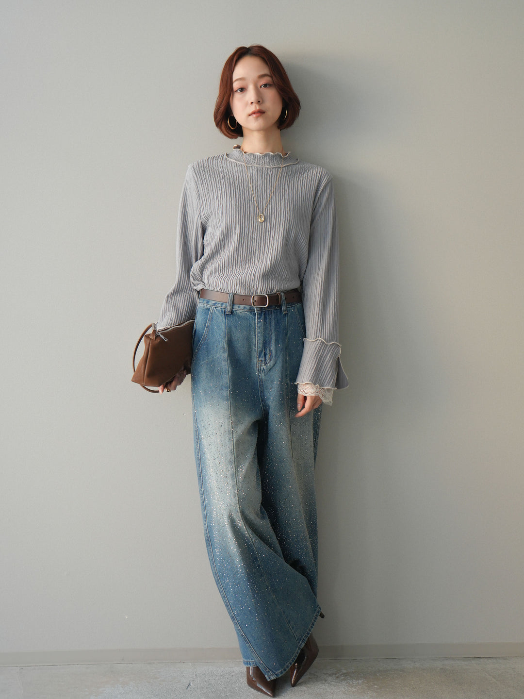 [予約]フロントビジューカーブデニムパンツ/blue