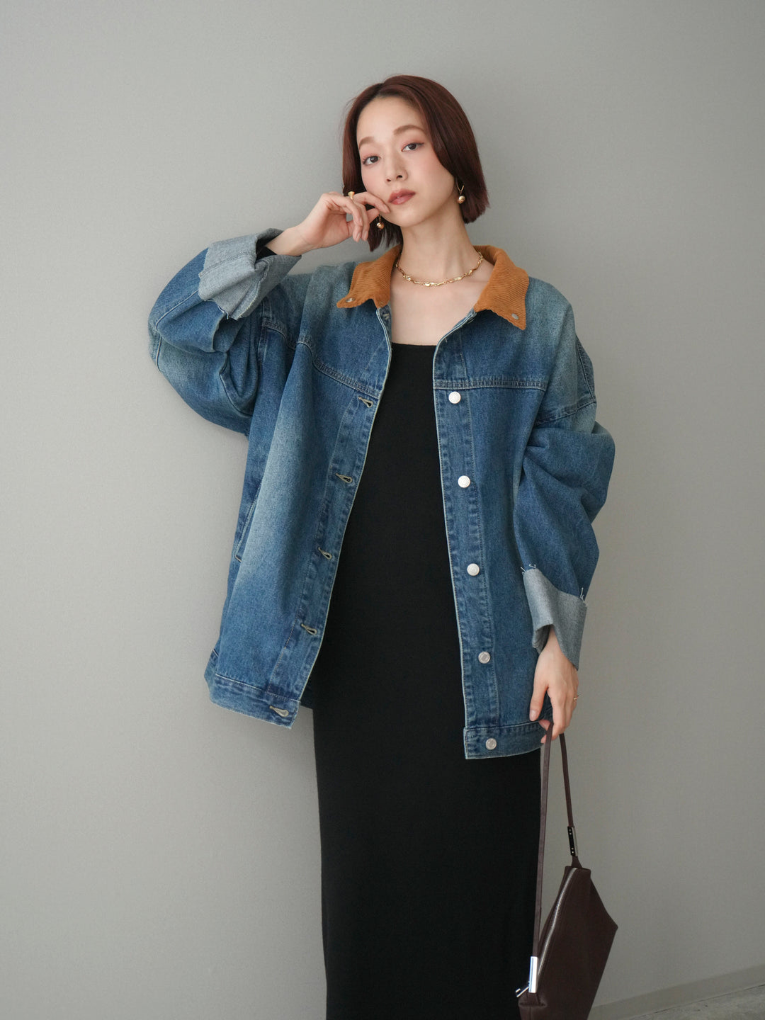 [SET]2WAYニットワンピース+コーデュロイ×デニムミドルジャケット(2set)