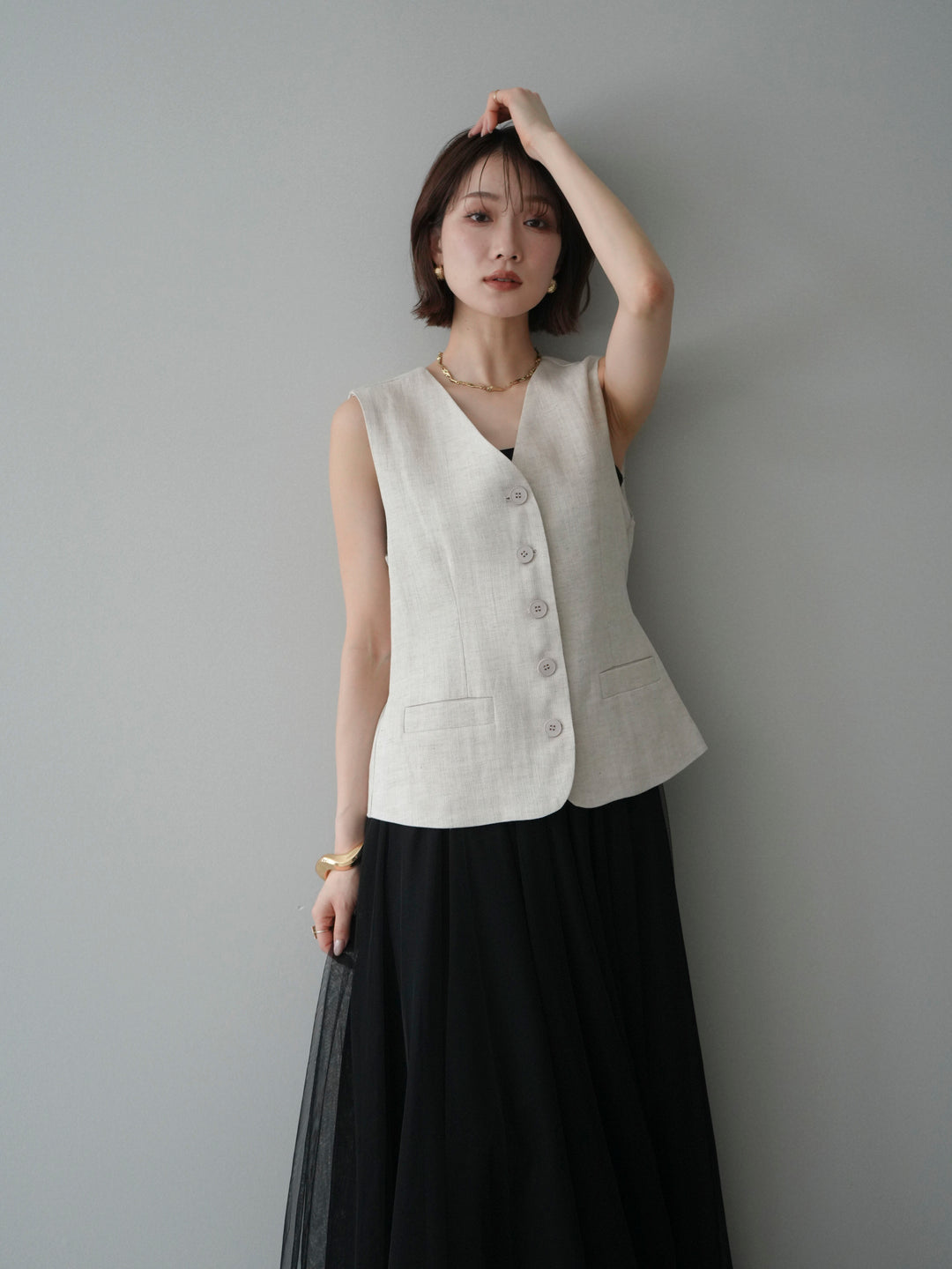 [予約]リネンタッチVネックジレ/ivory