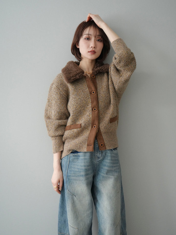 [SET]襟ボアミックスヤーンニットカーディガン+ベルト付カーブデニムパンツ(2set)