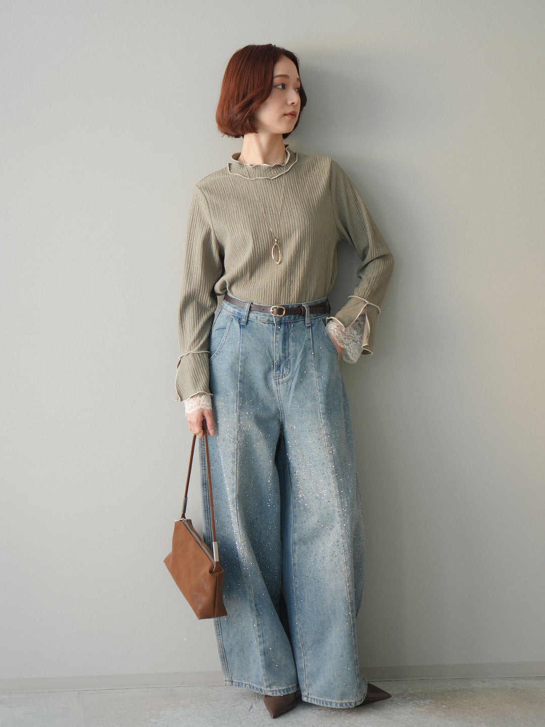 [予約]フロントビジューカーブデニムパンツ/lightblue