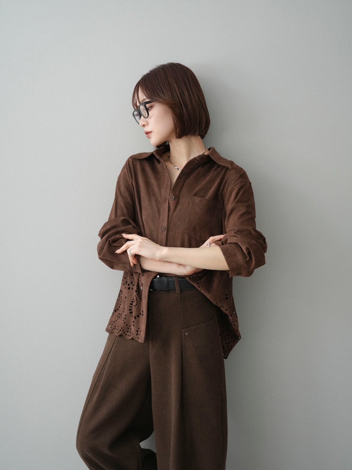 [予約]裾スカラップスエードシャツ/brown