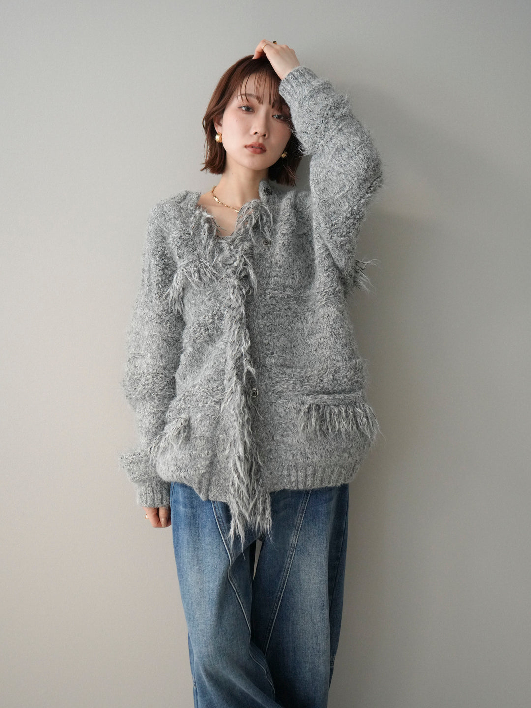 [予約]ミックスヤーンフリンジデザインニットジャケット/gray