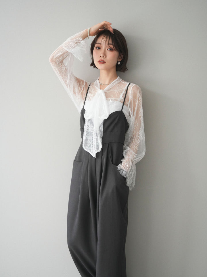 [SET]バックデザインサロペット+リバーレースボウタイトップス(2set)