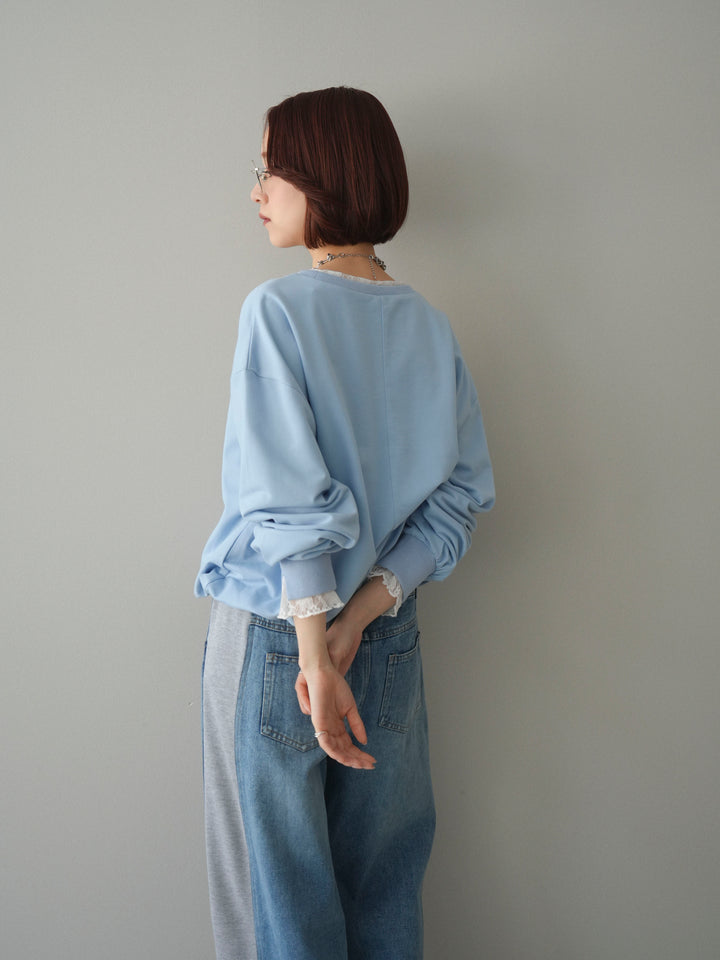 [予約]袖レースカットバルーンプルオーバー/sax