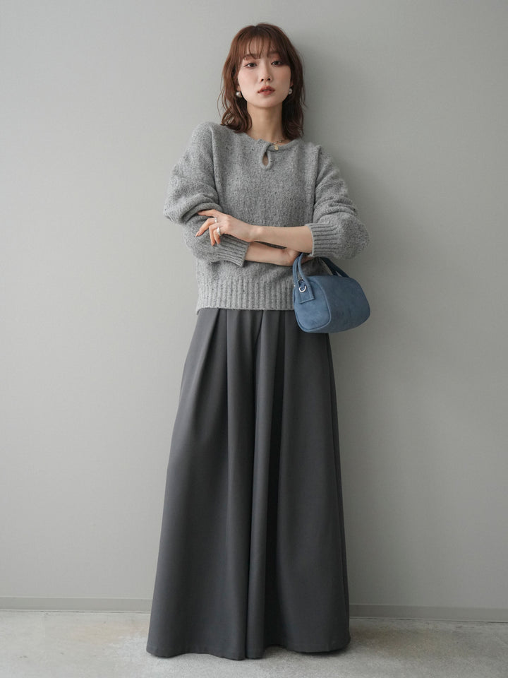 [SET]ツイストネックラメネップヤーンニットプルオーバー+テープベルトタックバギーパンツ(2set)