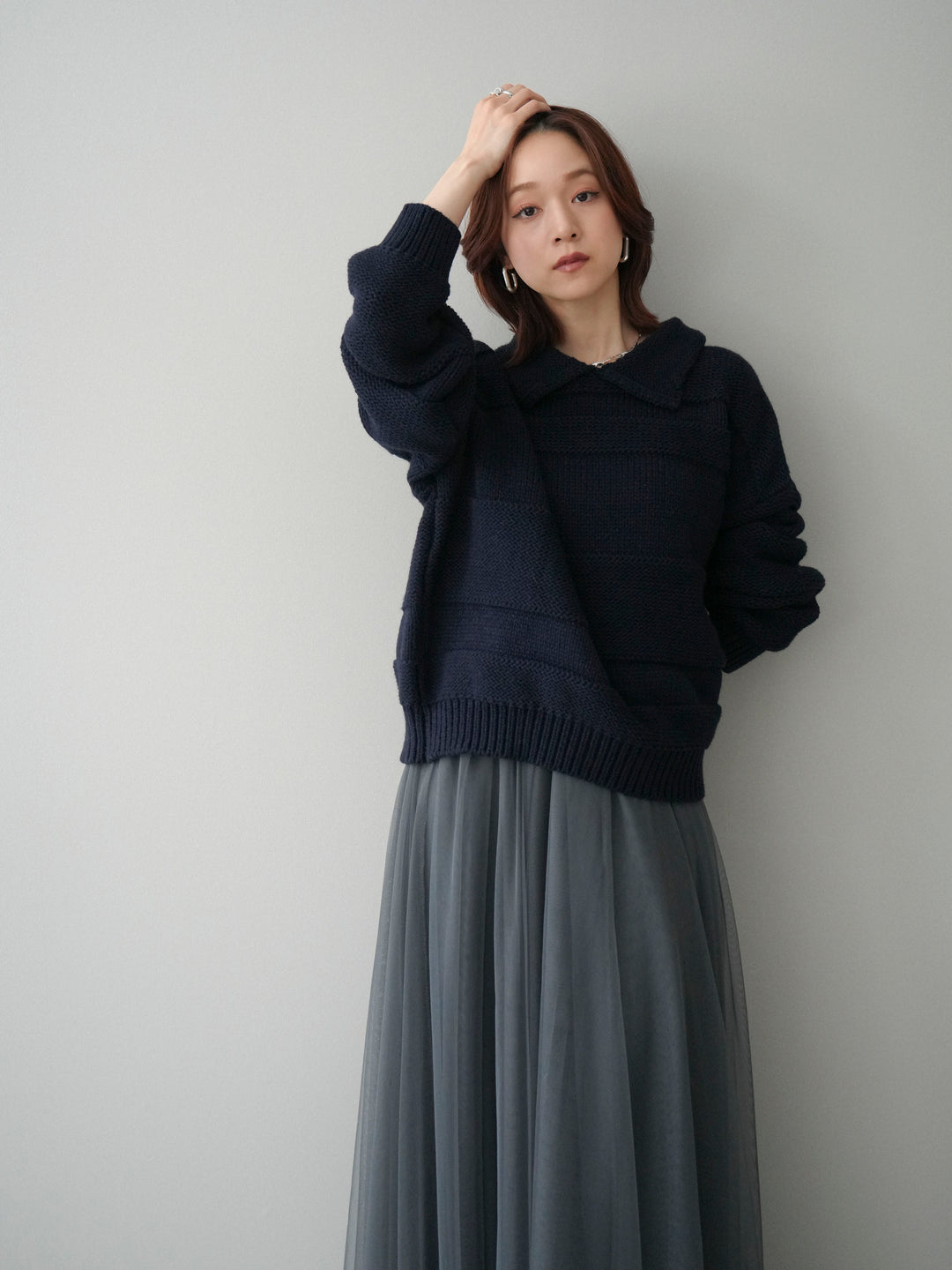 [SET]襟付きボーダー編みニットプルオーバー+チュールボリュームスカート(2set)
