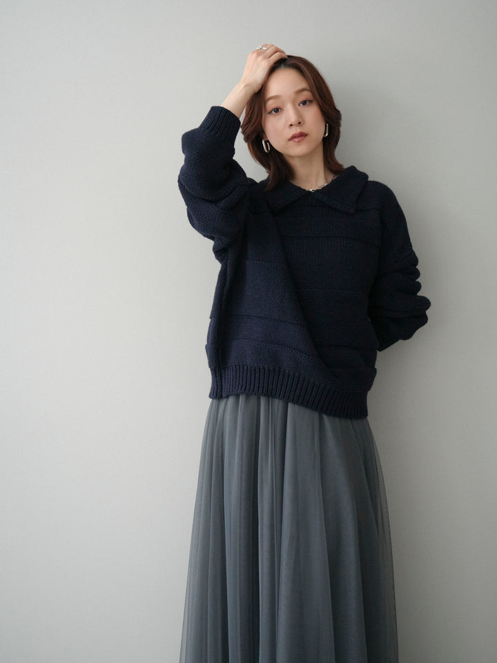 [SET]襟付きボーダー編みニットプルオーバー+チュールボリュームスカート(2set)