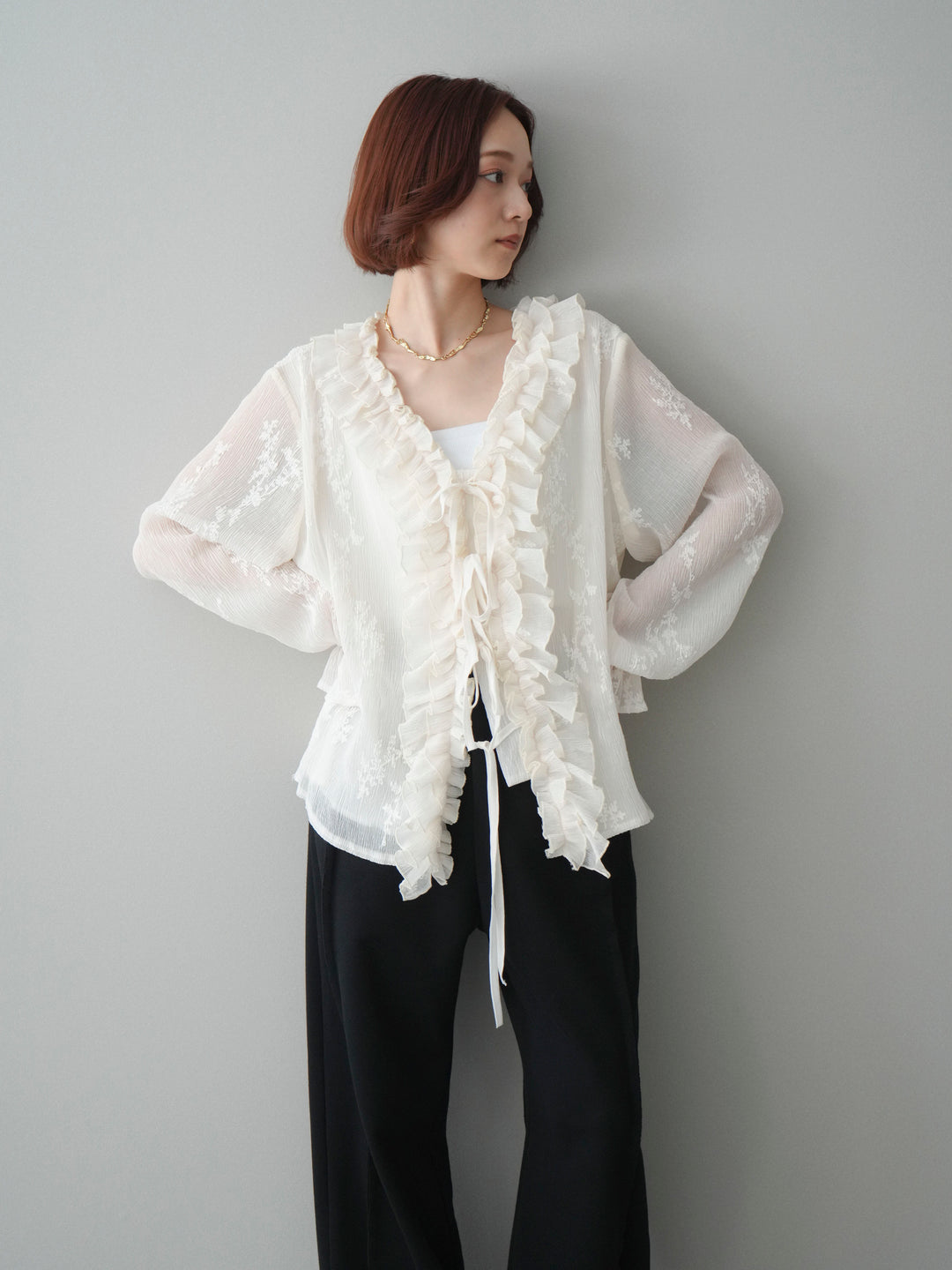 [SET]楊柳ラッフルフリルカーディガン+2WAYデザインスウェットパンツ(2set)