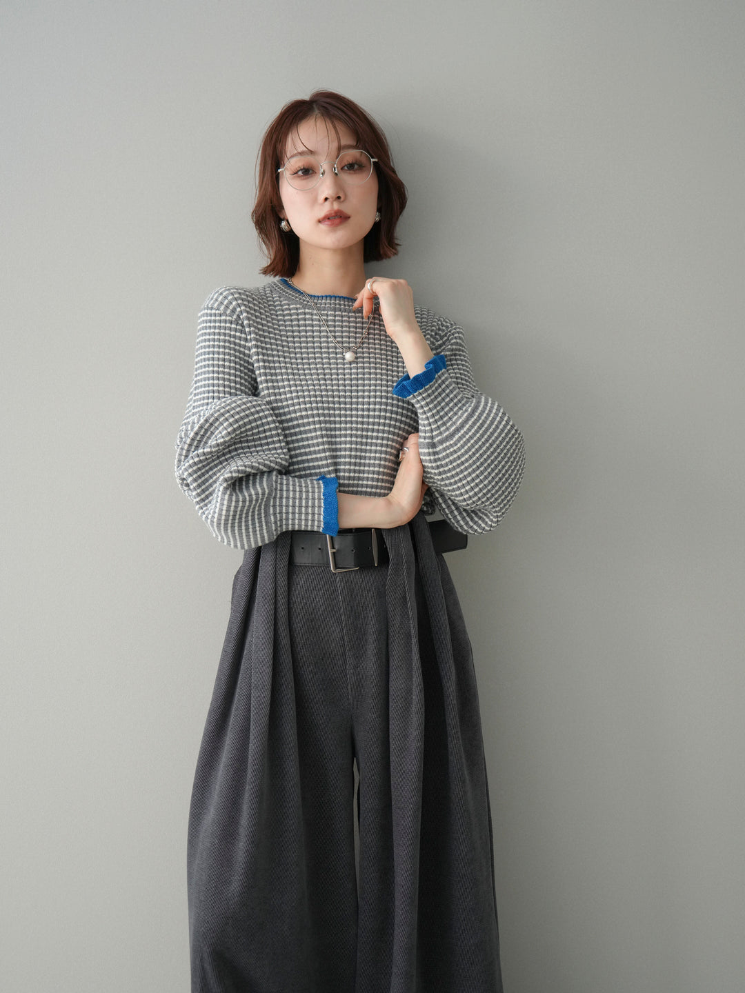 [予約]ラメ異素材ボーダーリブニットプルオーバー/charcoal×blue