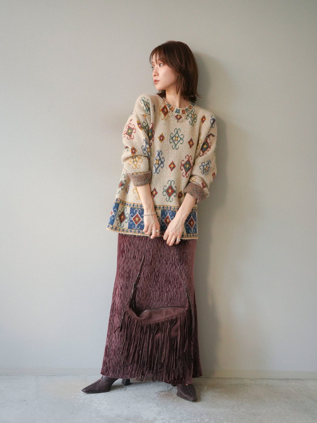 [予約]ヴィンテージ柄オーバーニットプルオーバー/アイボリー