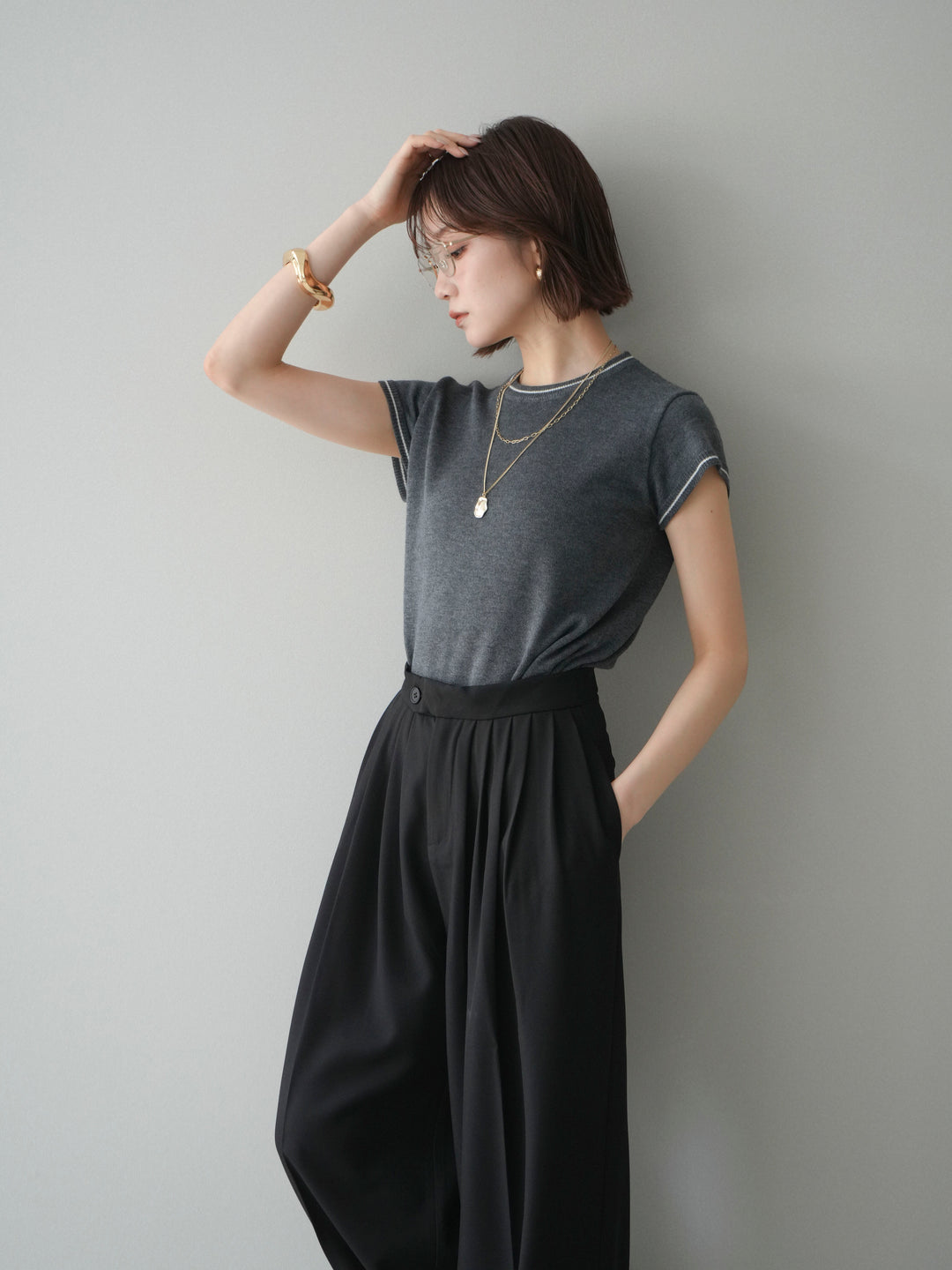 [SET]配色ハーフスリーブニットトップス+配色ハーフスリーブニットトップス(2set)