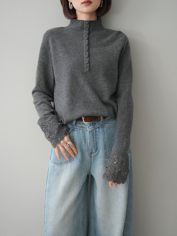 [予約]袖スカラップレースフロントボタンウールニットトップス/gray