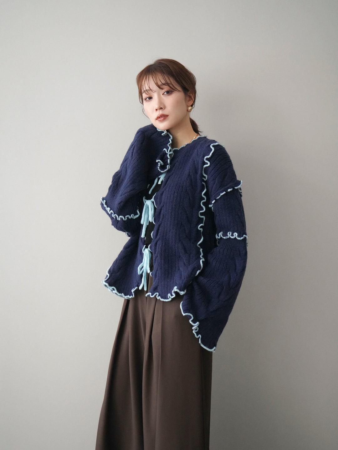 [予約]フロントリボン配色メローニットカーディガン/navy