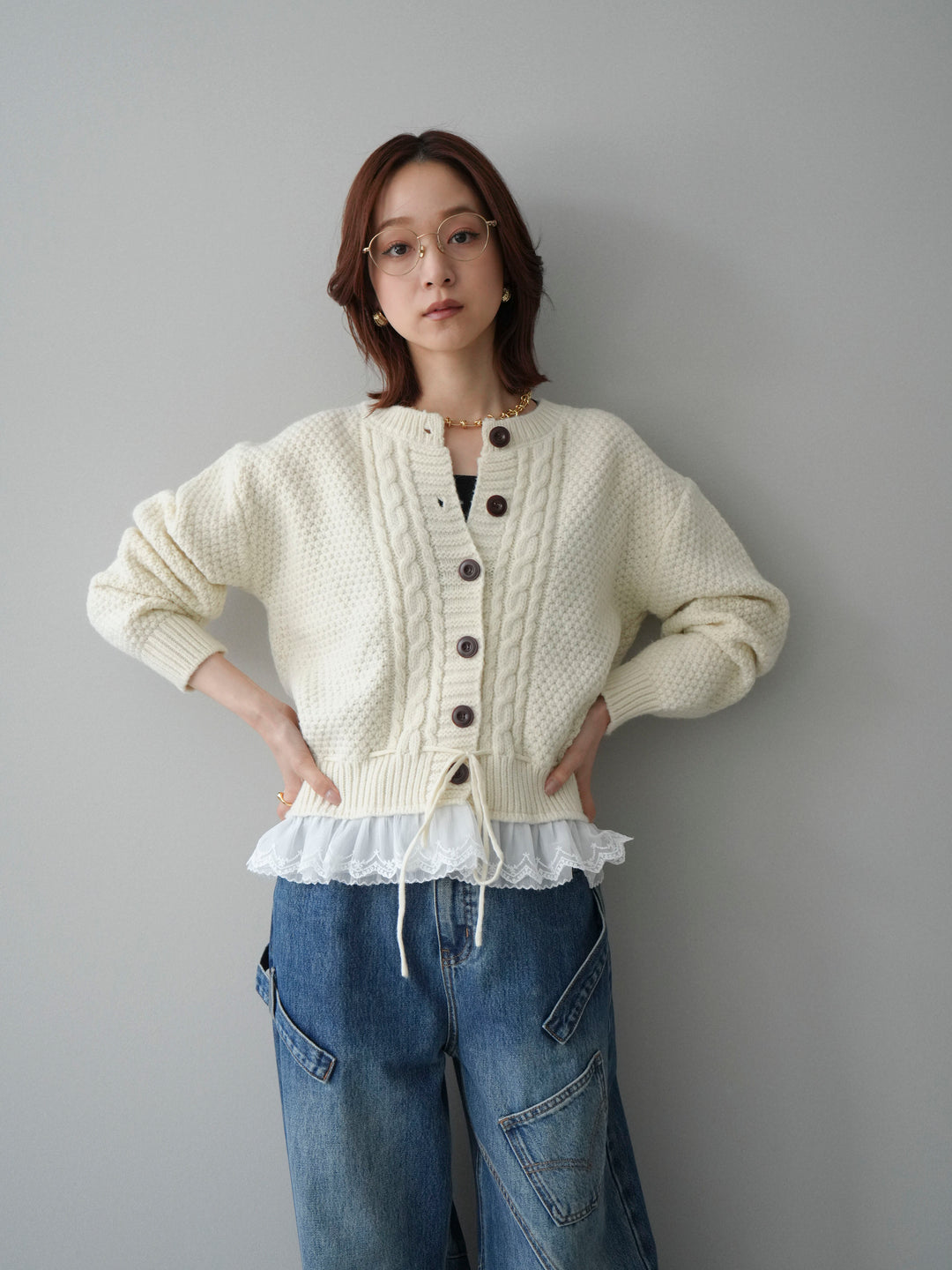 [SET]裾レースケーブルニットカーディガン+ペインターカーブデニムパンツ(2set)